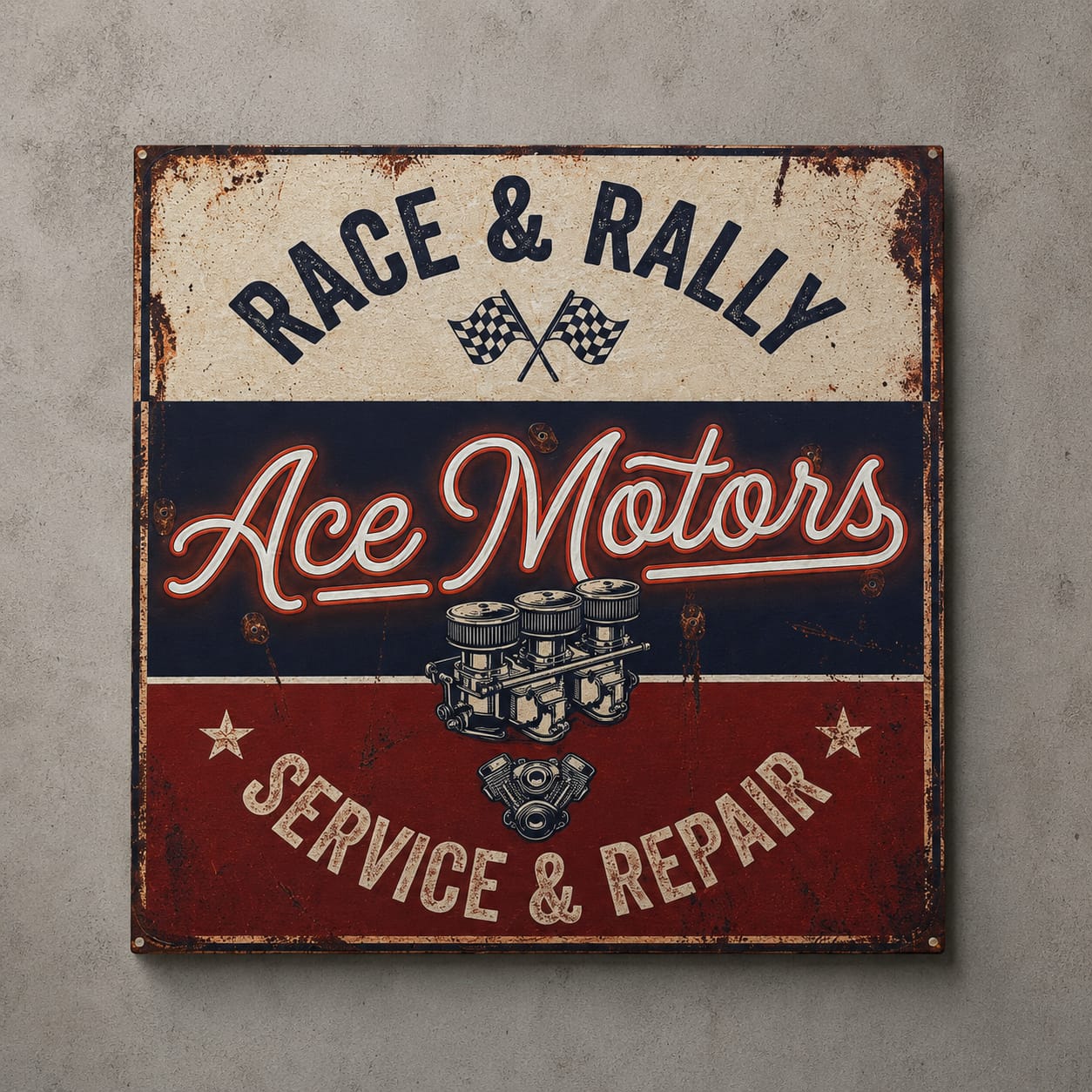 Panou decorativ vintage „Race & Rally – Ace Motors” 50 × 50 cm